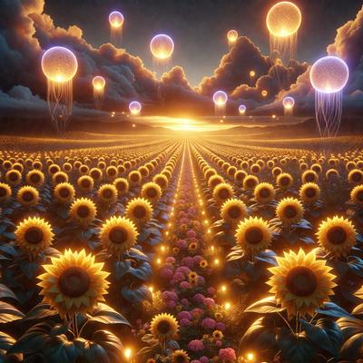 The primary subject of the image is a field of sunflowers, with a variety of sunflowers in different sizes and positions. The setting is a cloudy sky, which adds a dramatic backdrop to the field of sunflowers. The visual style is a digital art or illustration, creating a vibrant and lively atmosphere. The dominant colors are yellow and orange, which are associated with sunflowers, and the overall mood is cheerful and warm.